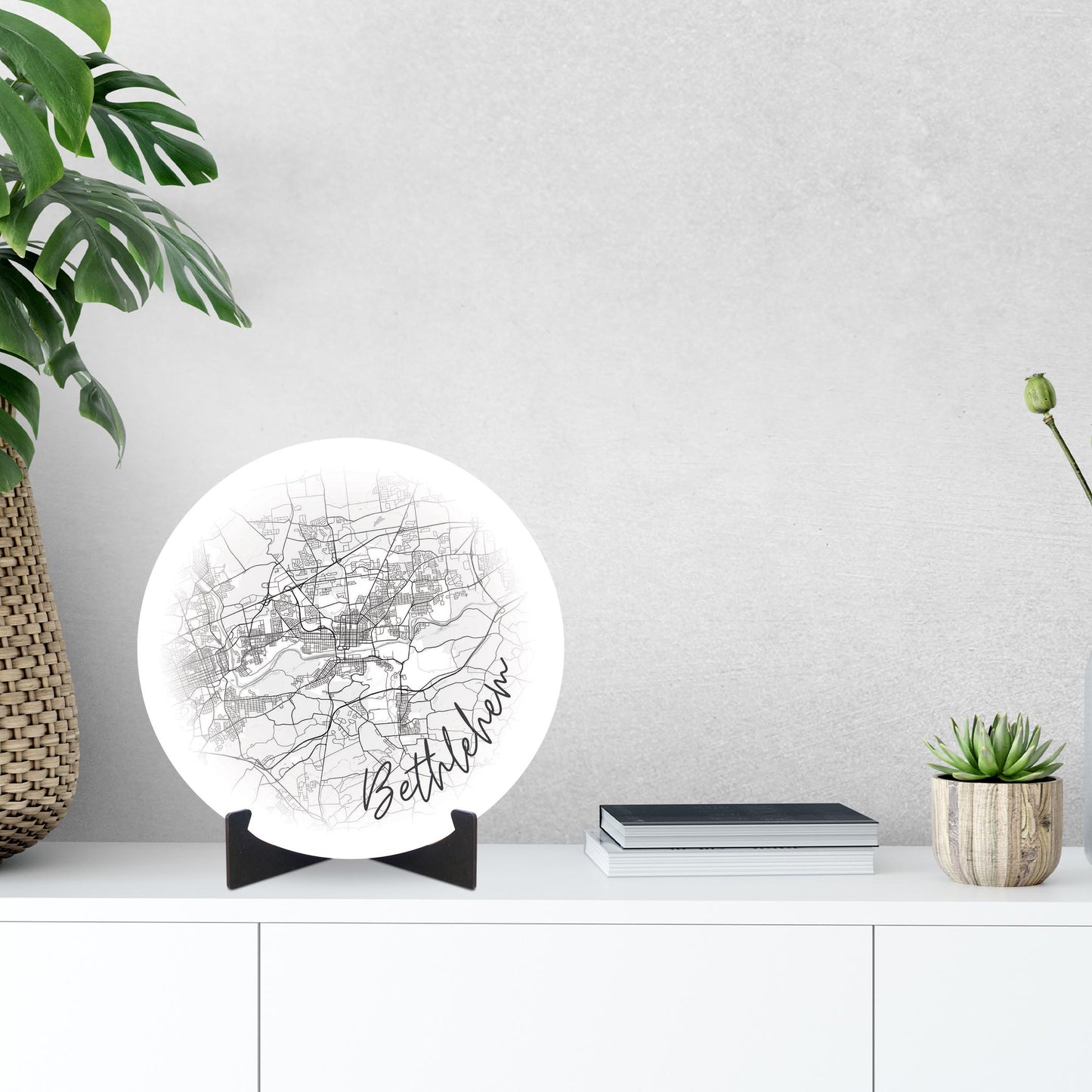 Minimalistic B&W Pennsylvania Bethlehem Circle Map | Wood Sign | Eaches | Min 1