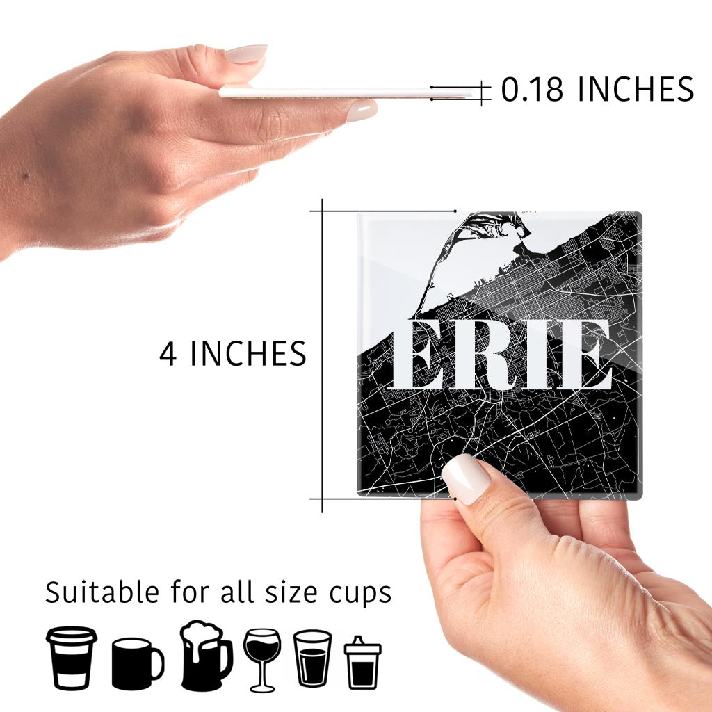 Minimalistic B&W Pennsylvania Erie Maps Love | Hi-Def Glass Coasters | Set of 4 | Min 2