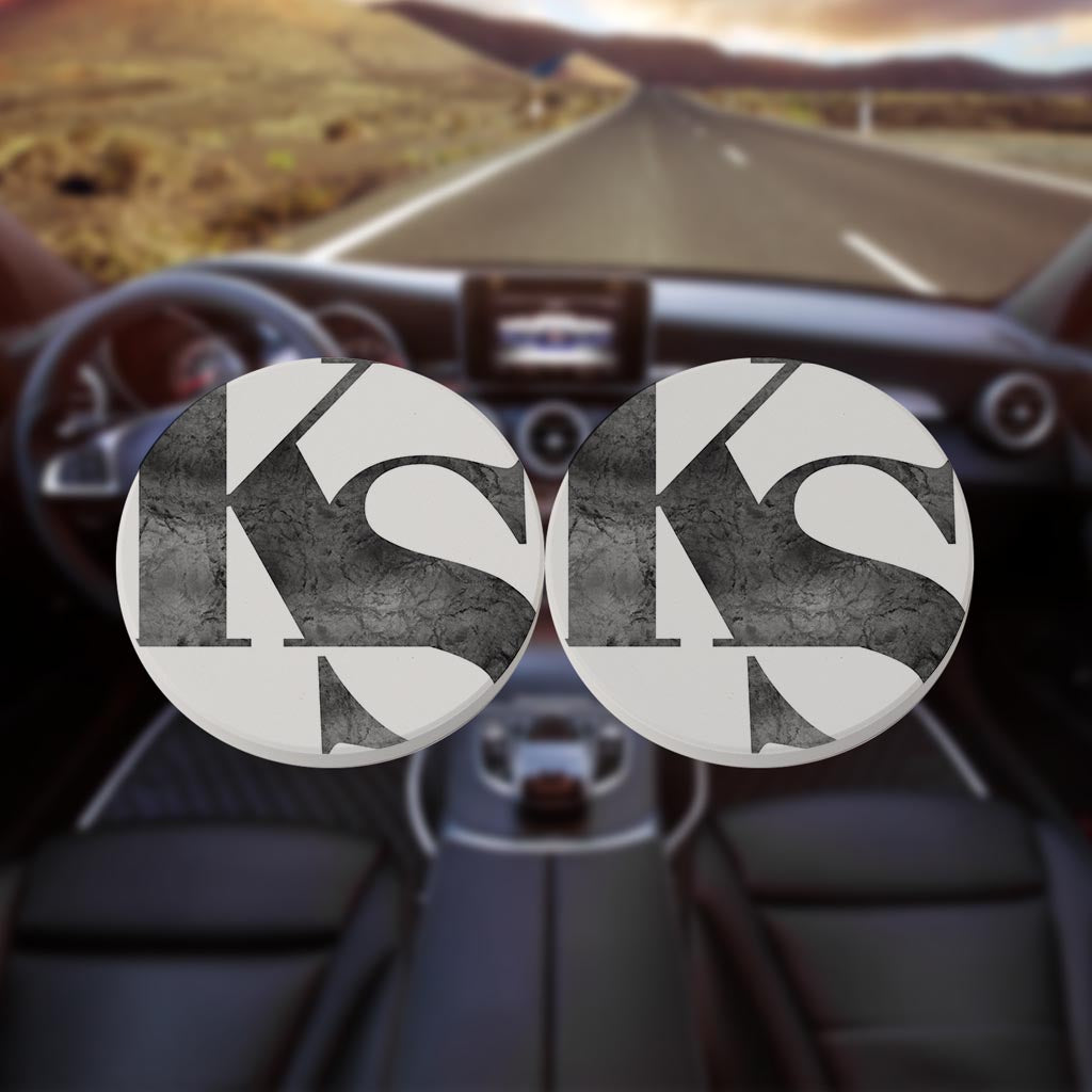 Minimalist B&W Kansas White Initials| Absorbent Car Coasters | Set of 2 | Min 4