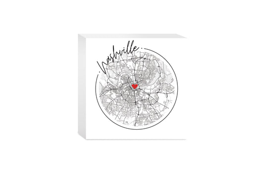 Minimalist B&W Tennessee Nashville Circle Map Heart | Wood Block | Eaches | Min 4