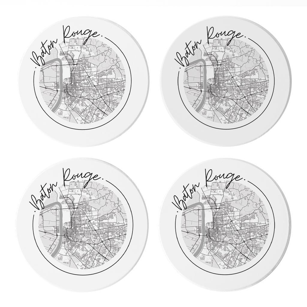Minimalist B&W Louisiana Baton Rouge Circle Map | Absorbent Coasters | Set of 4 | Min 2