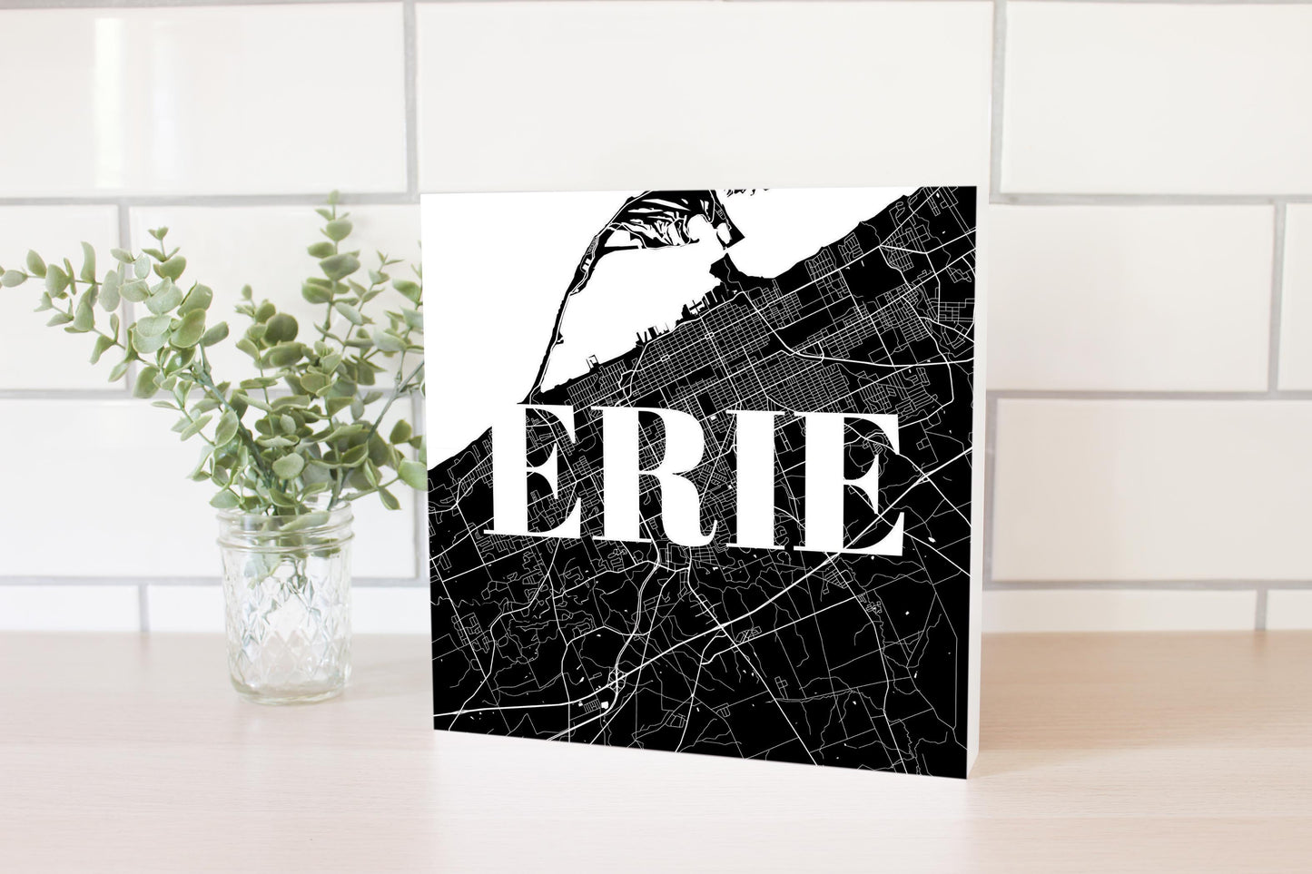 Minimalistic B&W Pennsylvania Erie Map | Wood Block | Eaches | Min 2