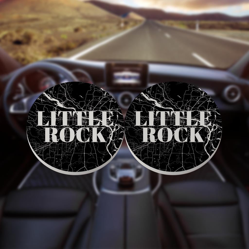 B&W Minimalist Arkansas Little Rock Map | Absorbent Car Coasters | Set of 2 | Min 4