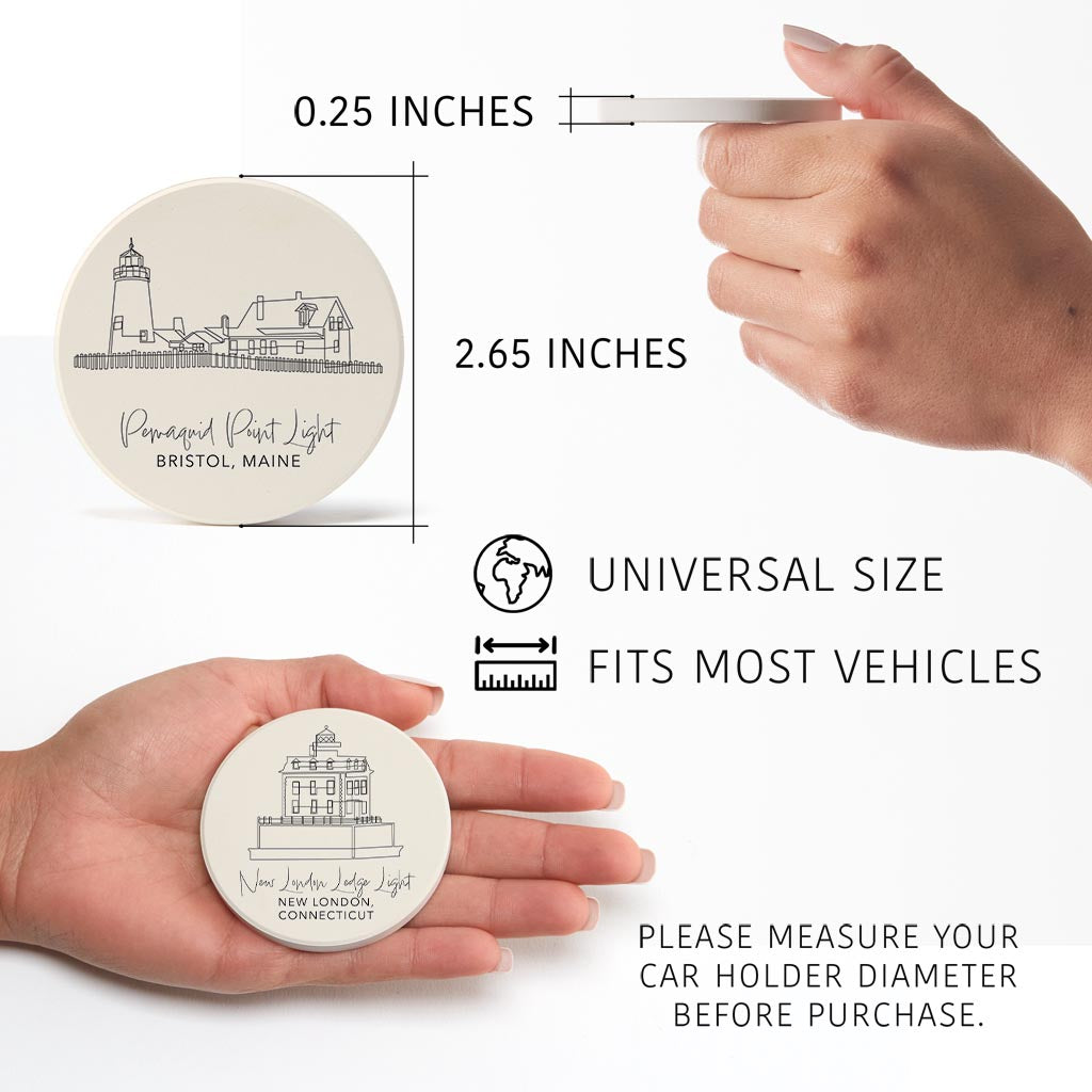 New England Lighthouses Cream Colored | Absorbent Car Coasters | Set of 2 | Min 4