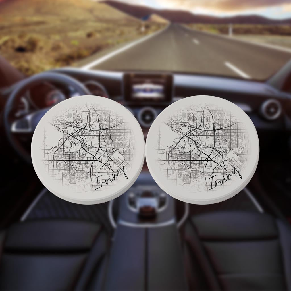 Minimalistic B&W Texas Irving Circle Map| Absorbent Car Coasters | Set of 2 | Min 4