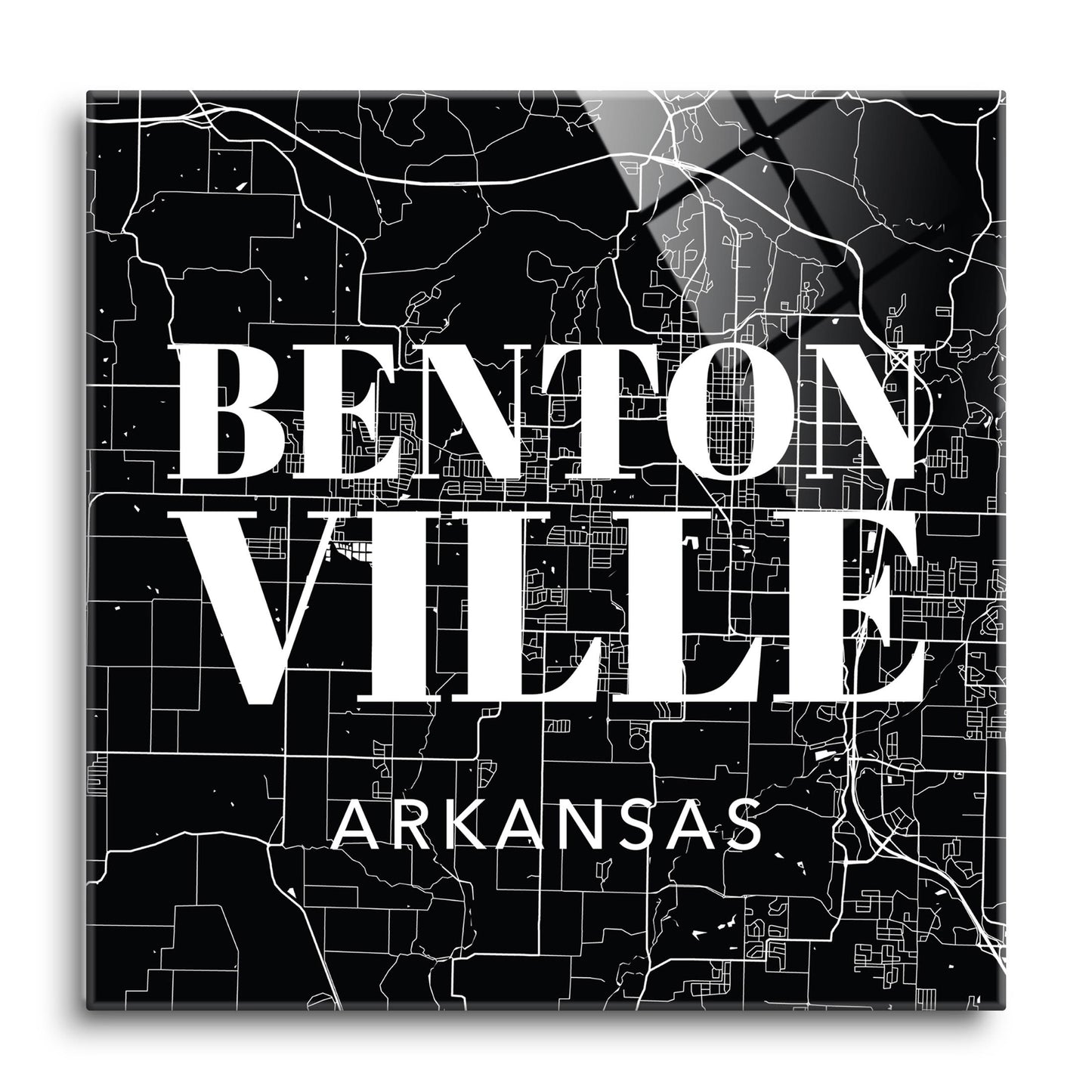 Minimalist B&W Arkansas Bentonville Map State | Hi-Def Glass Art | Eaches | Min 1