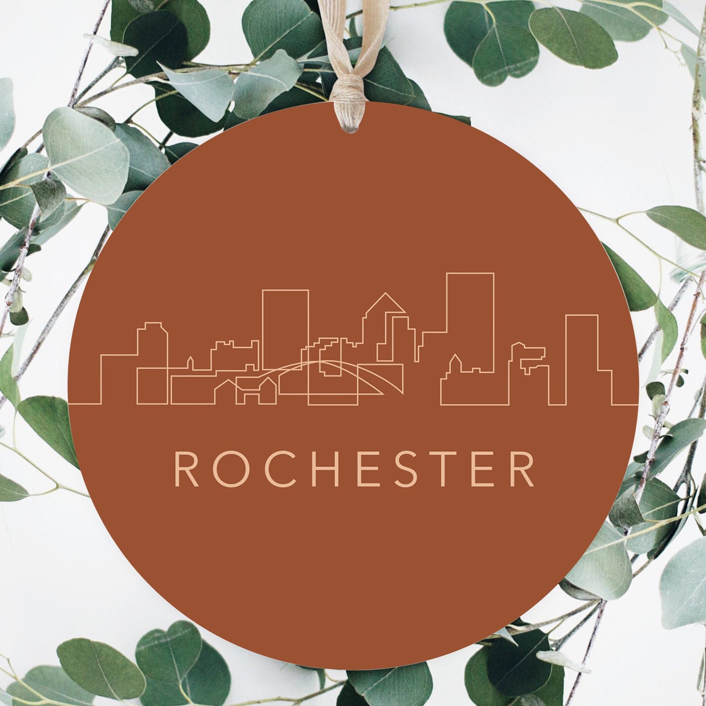 Modern Minimalist New York Rochester Skyline | Wood Ornament | Eaches | Min 1