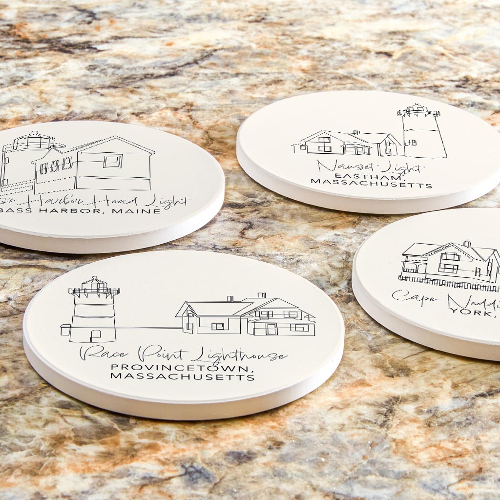New England Lighthouses Cream Colored | Absorbent Coasters | Set of 4 | Min 2