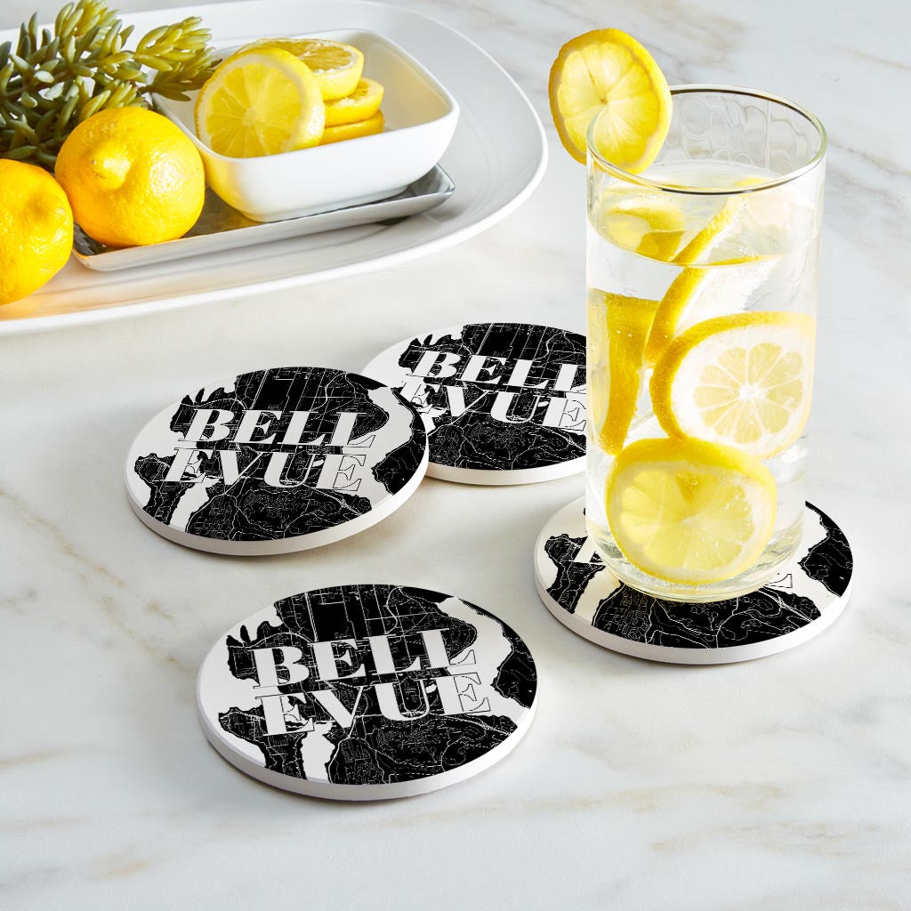 Minimalistic B&W Washington Bellevue Map | Absorbent Coasters | Set of 4 | Min 2