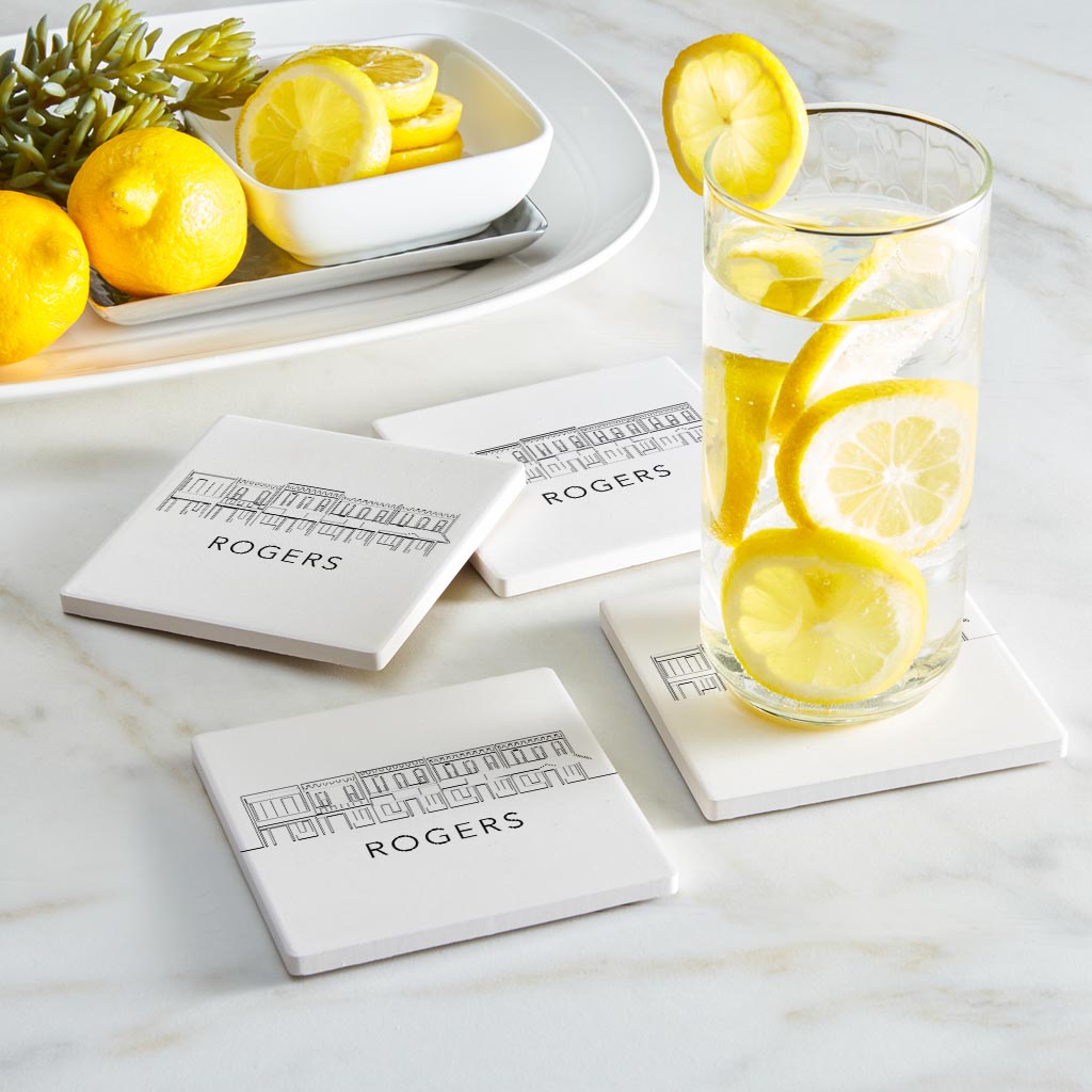 Minimalist B&W Arkansas Rogers Skyline | Absorbent Coasters | Set of 4 | Min 2