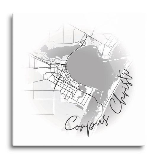 Minimalistic B&W Texas Corpus Christi Circle Map | Hi-Def Glass Art | Eaches | Min 1