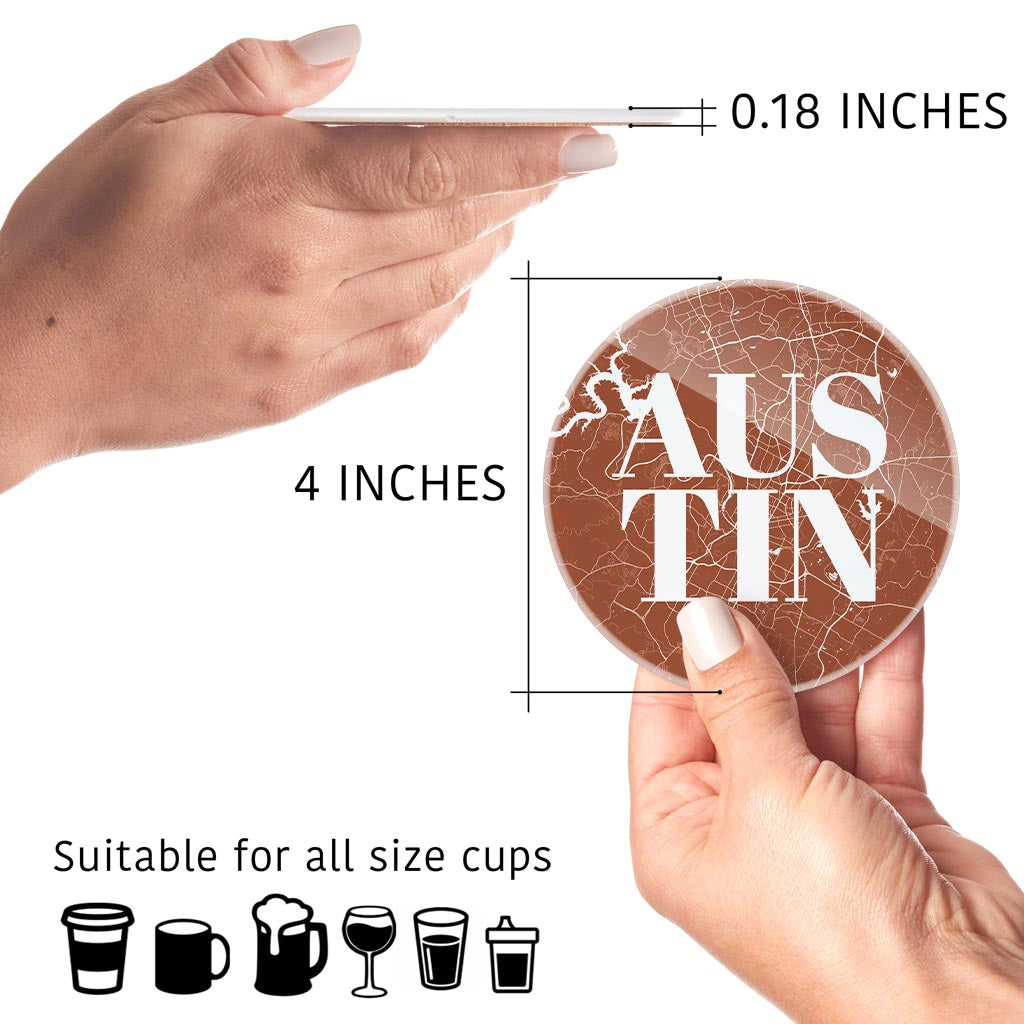 Modern Minimalist Texas Austin Map | Hi-Def Glass Coasters | Set of 4 | Min 2