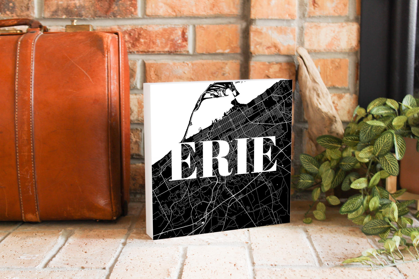Minimalistic B&W Pennsylvania Erie Map | Wood Block | Eaches | Min 2