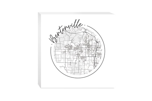 Minimalist B&W Arkansas Bentonville Circle Map | Wood Block | Eaches | Min 2