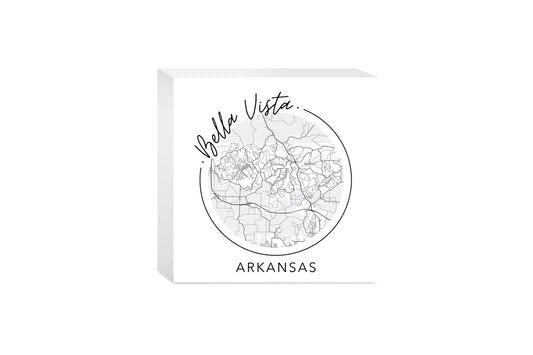 Minimalist B&W Arkansas Bella Vista Circle Map State | Wood Block | Eaches | Min 4