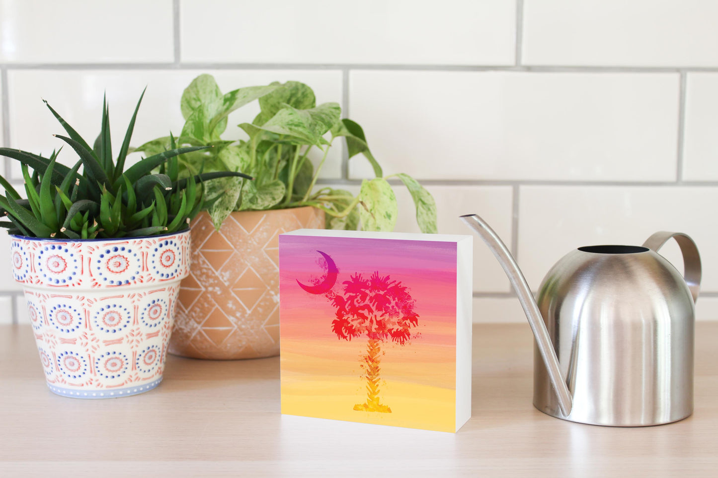 South Carolina Pink Water Color Palm Trees | Wood Block | Eaches | Min 4