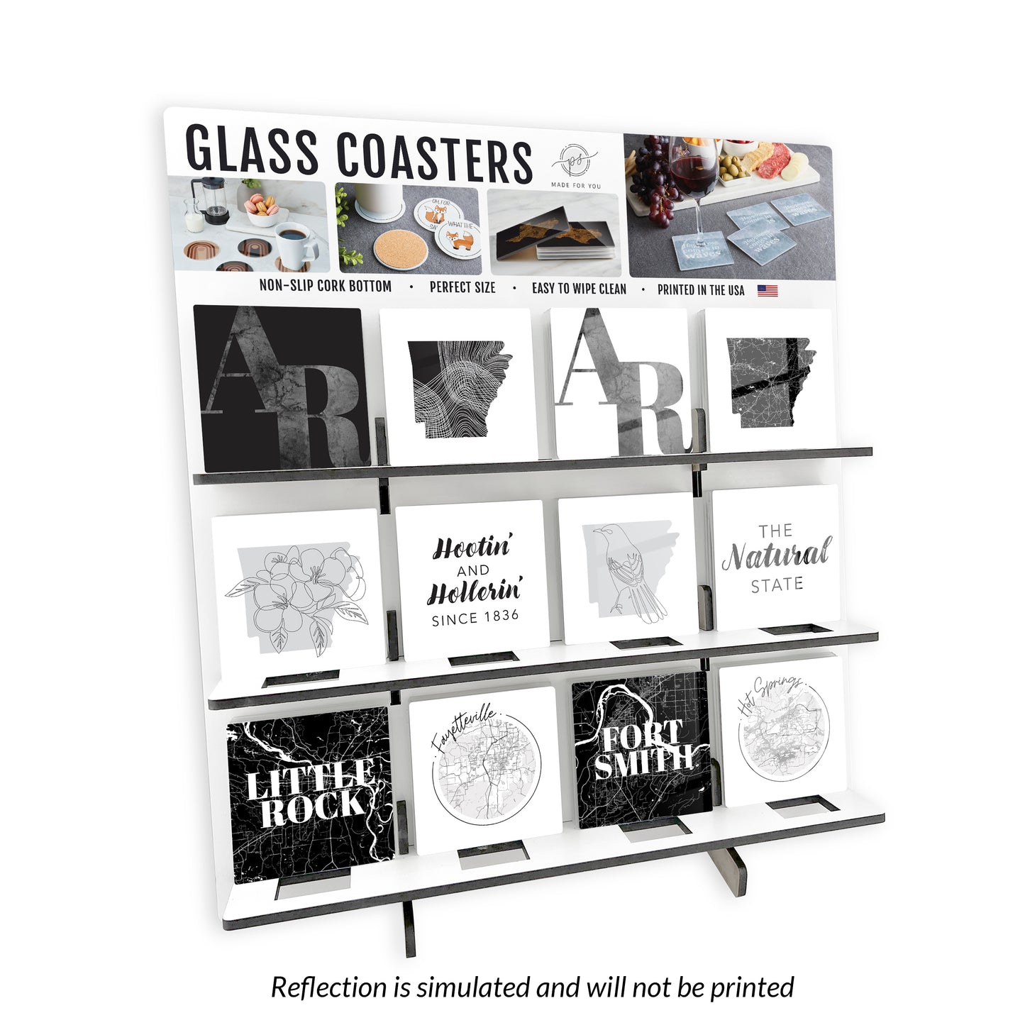 B&W Minimalist Arkansas Glass Square Coaster Loaded Display POP Min of 1