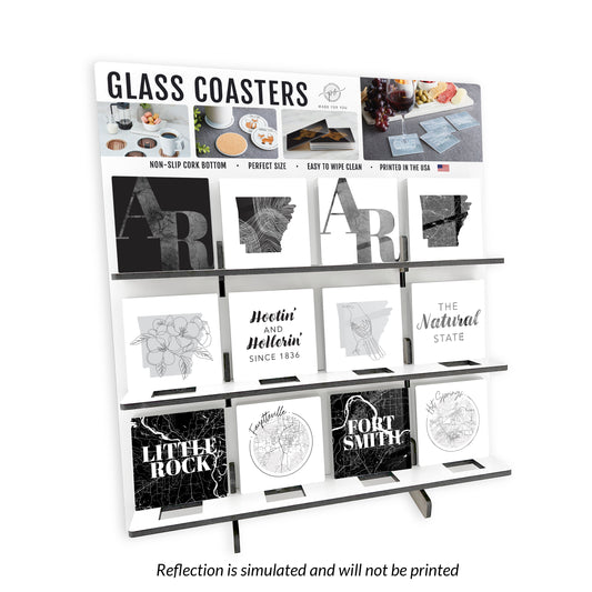 B&W Minimalist Arkansas Glass Square Coaster Loaded Display POP Min of 1