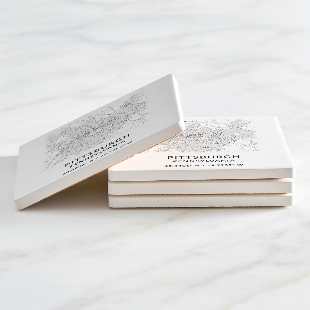 Pittsburgh Pa Minimalistic Map With Coordinates| Absorbent Coasters | Set of 4 | Min 2