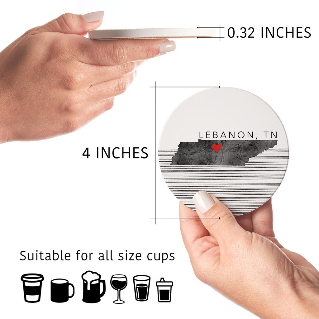 Minimalist B&W Tennessee State Lebanon Heart | Absorbent Coasters | Set of 4 | Min 2