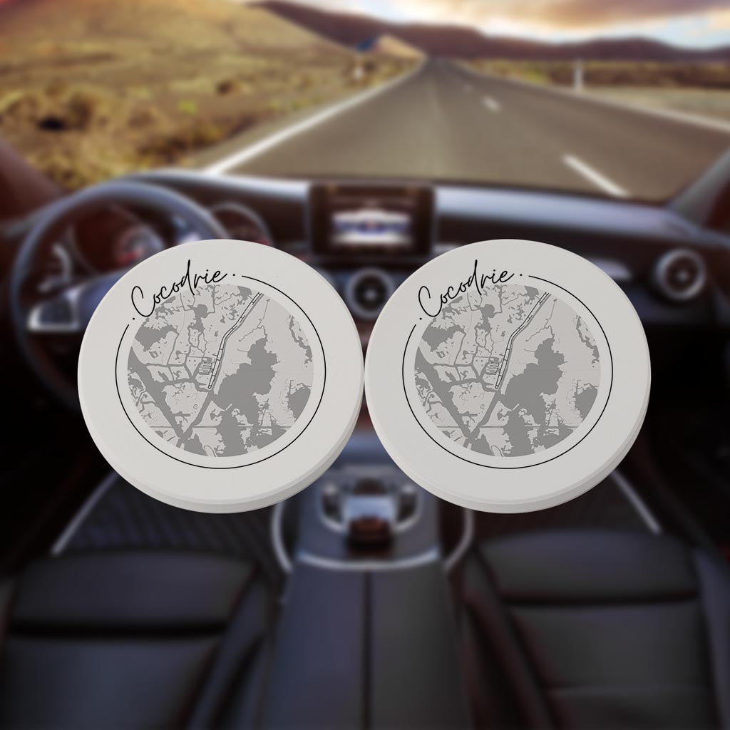 Minimalist B&W Louisiana Cocodrie Circle Map | Absorbent Car Coasters | Set of 2 | Min 4