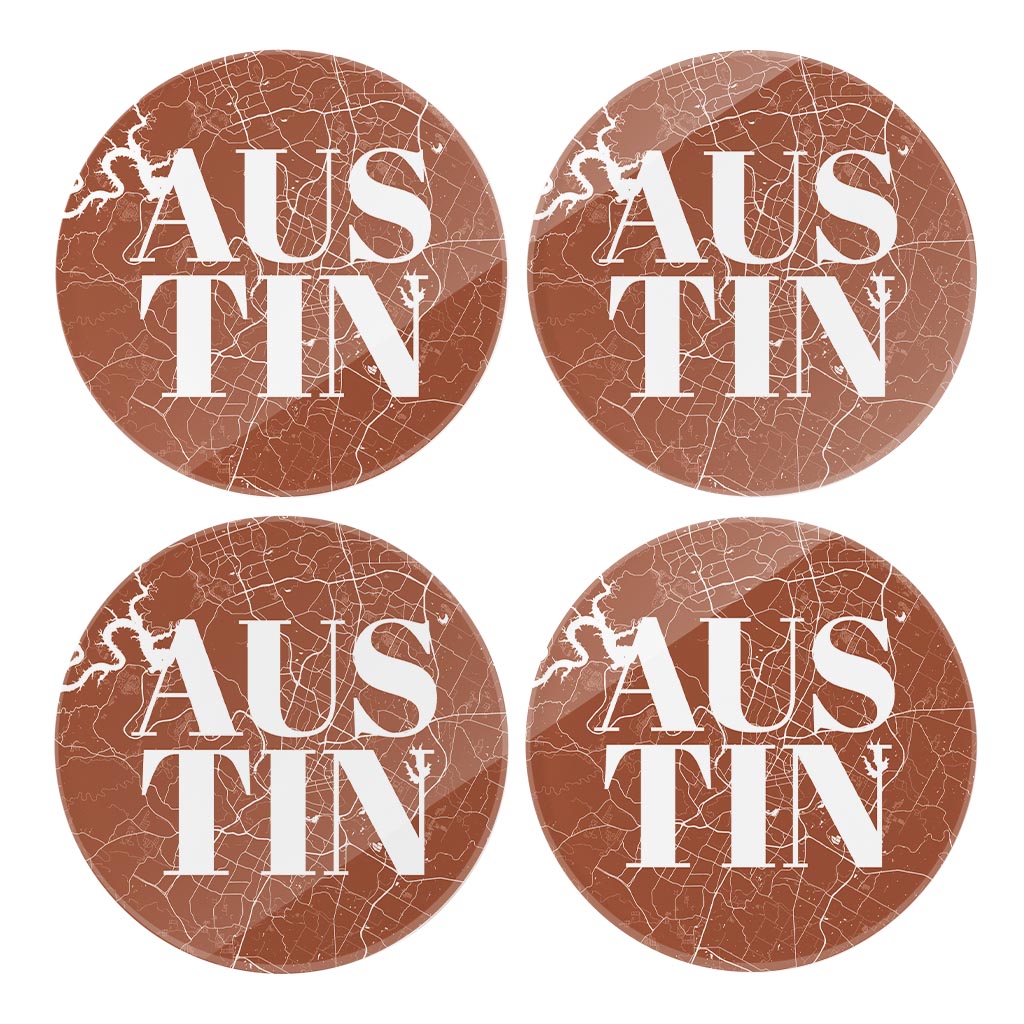 Modern Minimalist Texas Austin Map | Hi-Def Glass Coasters | Set of 4 | Min 2