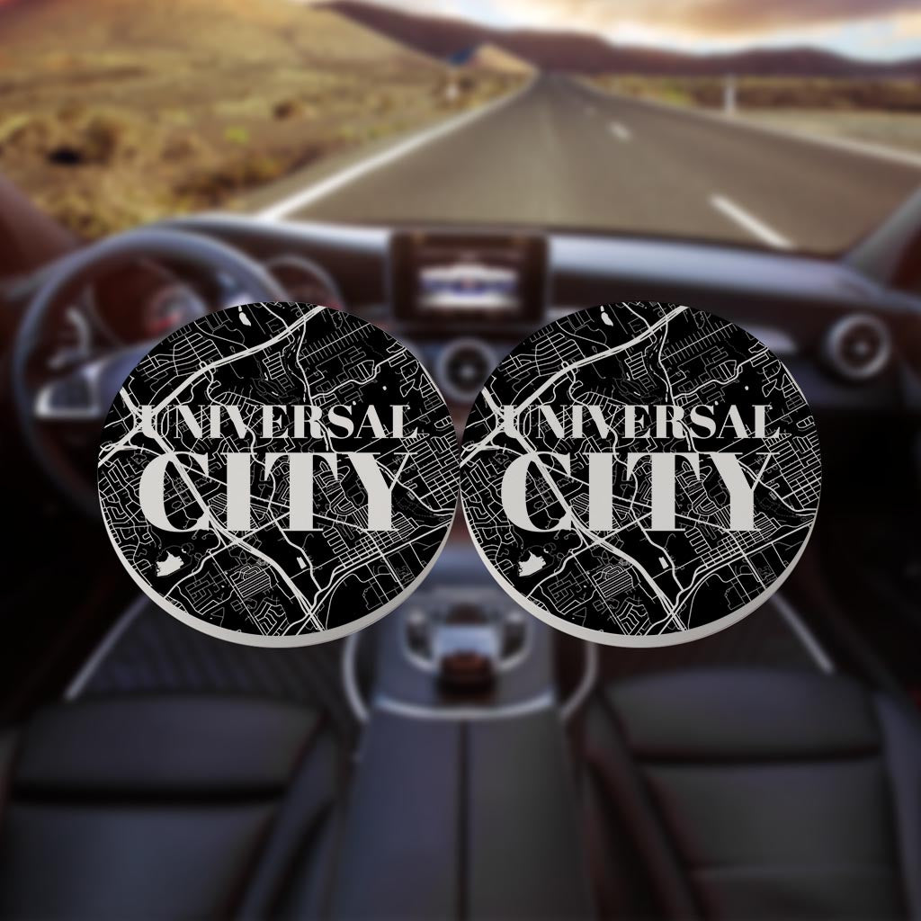 Minimalistic B&W Texas Universal City Map | Absorbent Car Coasters | Set of 2 | Min 4