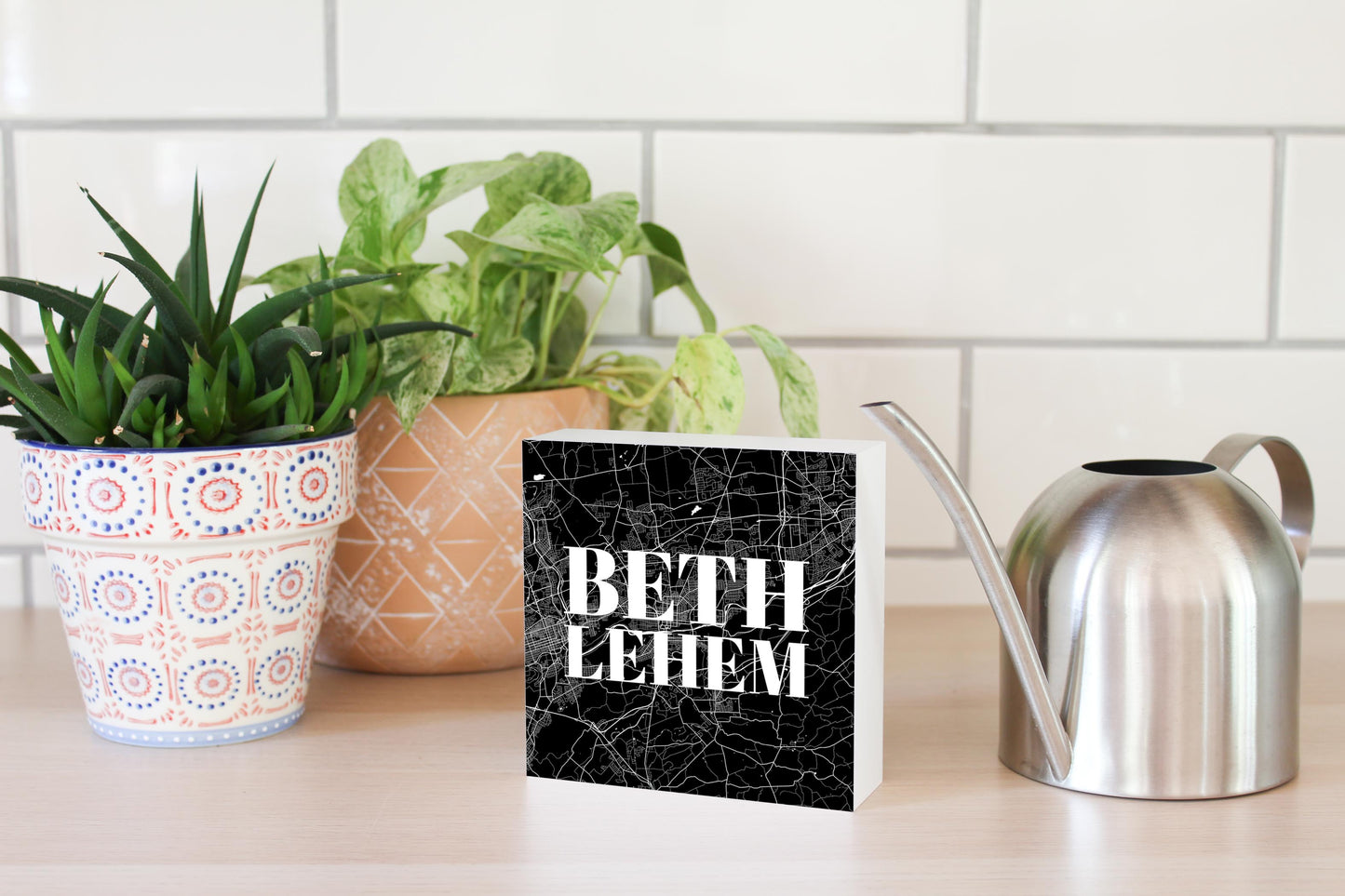 Minimalistic B&W Pennsylvania Bethlehem Map | Wood Block | Eaches | Min 4