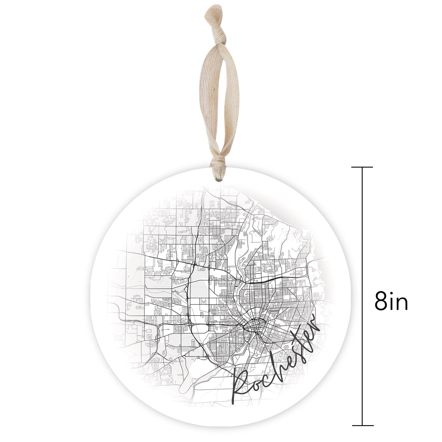 Minimalistic B&W New York Rochester Faded Circle Map | Wood Ornament | Eaches | Min 1