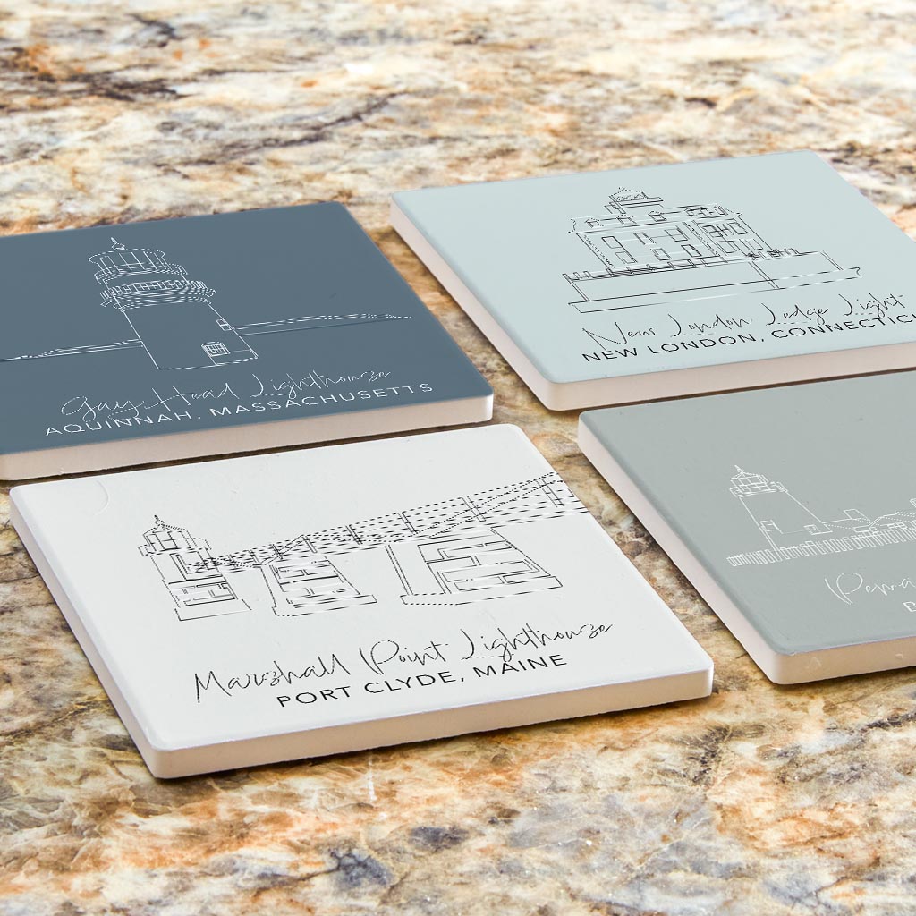 New England Lighthouses Muted Coastal | Absorbent Coasters | Set of 4 | Min 2