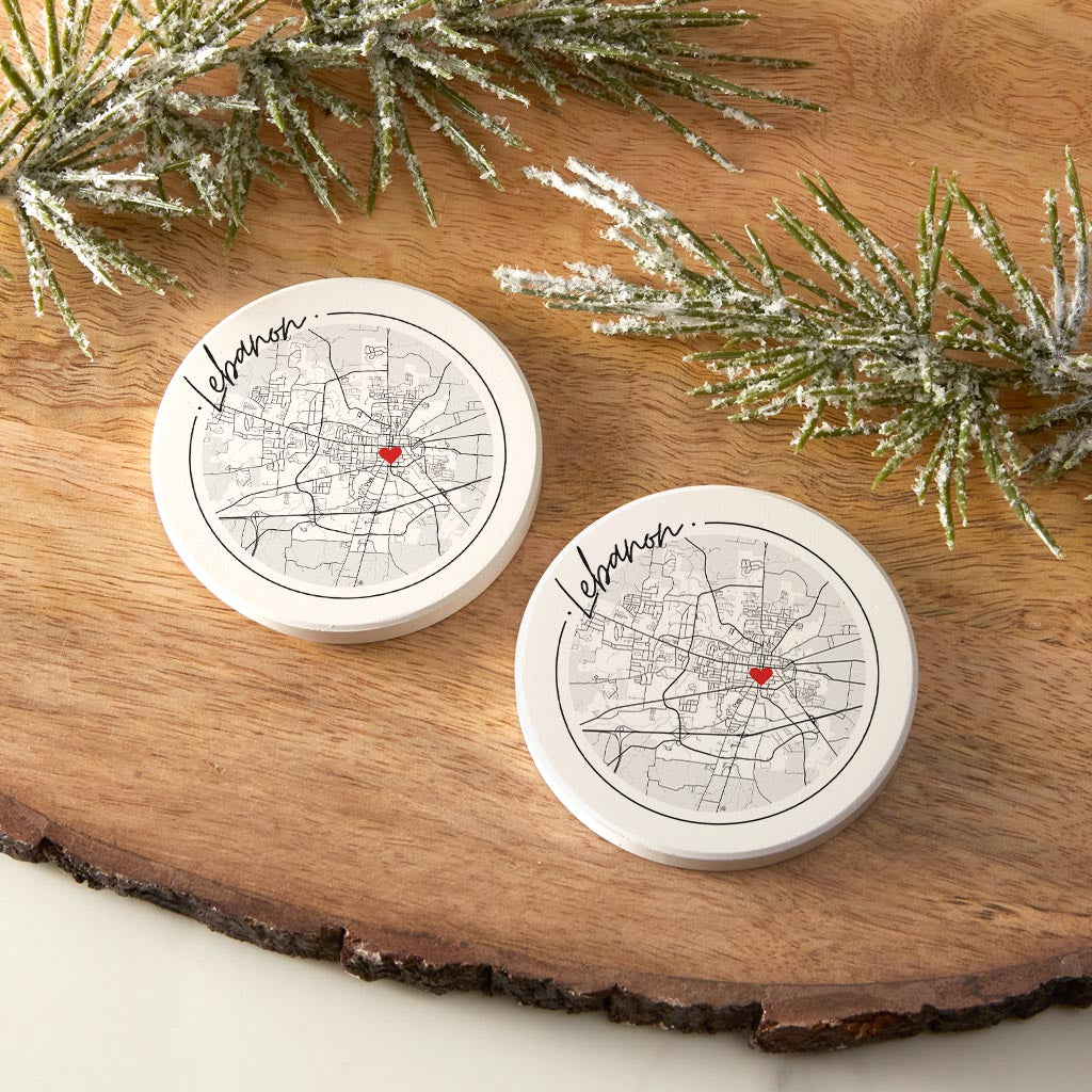 Minimalist B&W Tennessee Lebanon Circle Map Heart | Absorbent Car Coasters | Set of 2 | Min 4