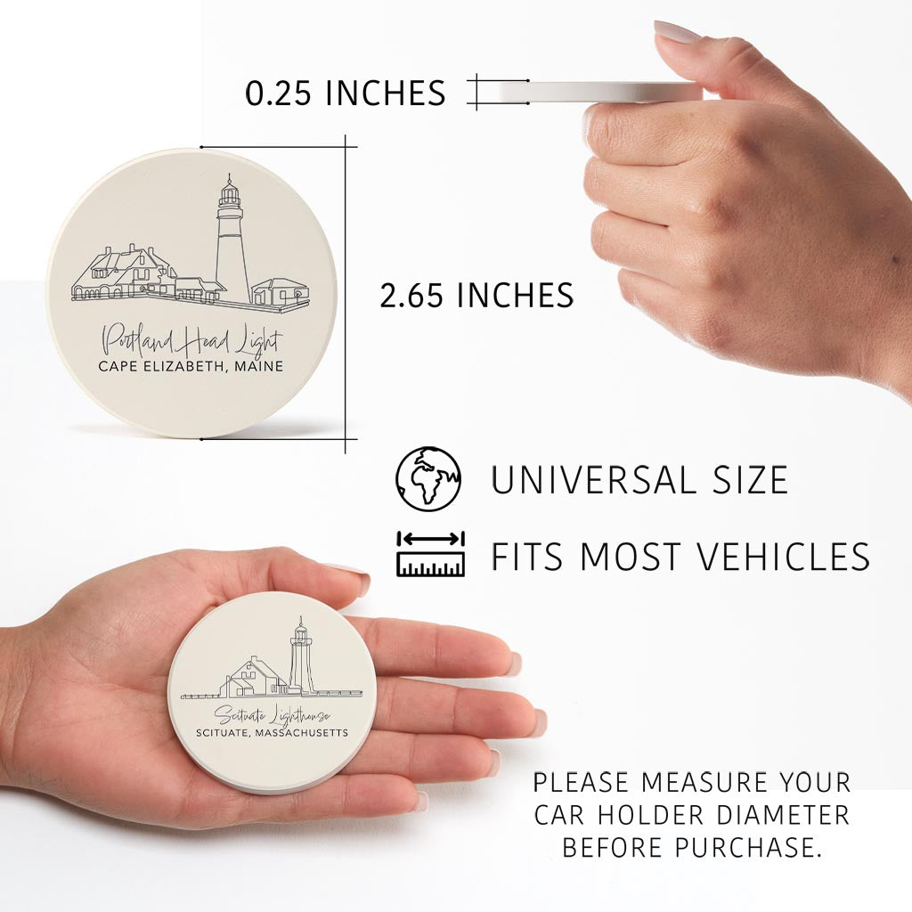 New England Lighthouses Cream Colored | Absorbent Car Coasters | Set of 2 | Min 4