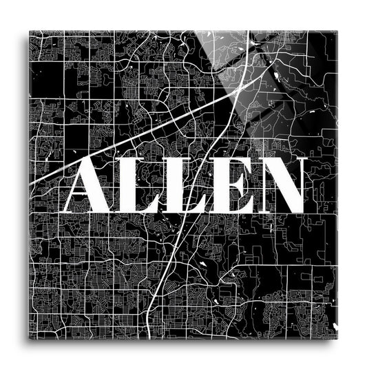 Minimalistic B&W Texas Allen Map | Hi-Def Glass Art | Eaches | Min 1