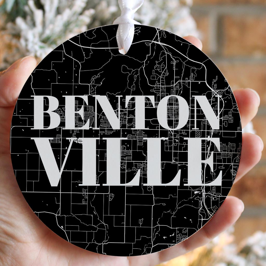 Minimalist B&W Arkansas Bentonville Map | Wood Ornament | Eaches | Min 6
