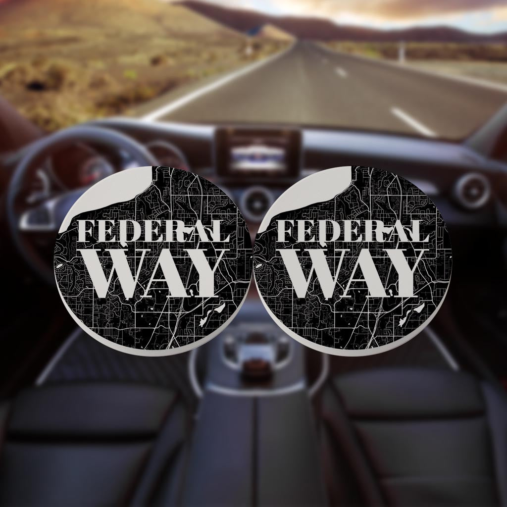 Minimalistic B&W Washington Federal Way Map | Absorbent Car Coasters | Set of 2 | Min 4