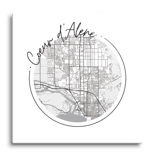 Minimalist B&W Idaho Coeur Dalene Circle Map | Hi-Def Glass Art | Eaches | Min 1