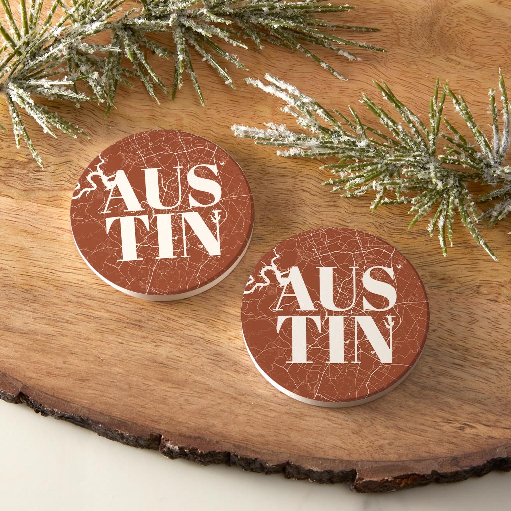 Modern Minimalist Texas Austin Map | Absorbent Car Coasters | Set of 2 | Min 4