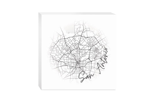 Minimalistic B&W Texas San Antonio Circle Map | Wood Block | Eaches | Min 2