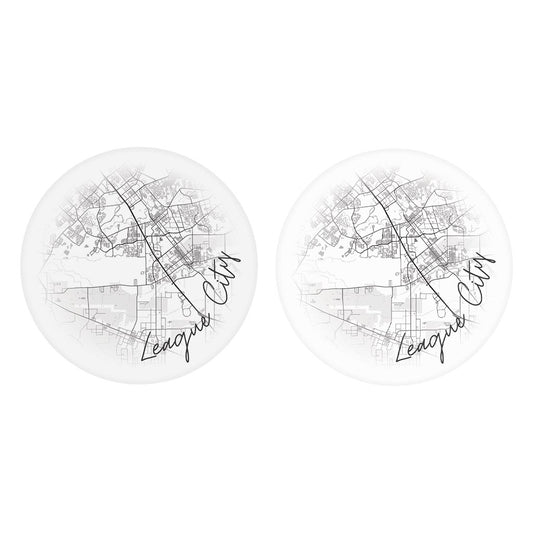 Minimalistic B&W Texas League City Circle Map | Absorbent Car Coasters | Set of 2 | Min 4