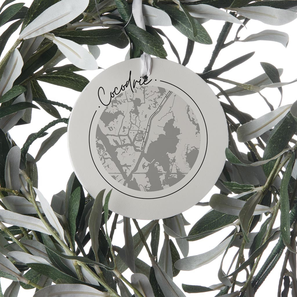 Minimalist B&W Louisiana Cocodrie Circle Map | Wood Ornament | Eaches | Min 6