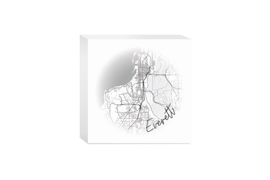 Minimalistic B&W Washington Everett Circle Map | Wood Block | Eaches | Min 4