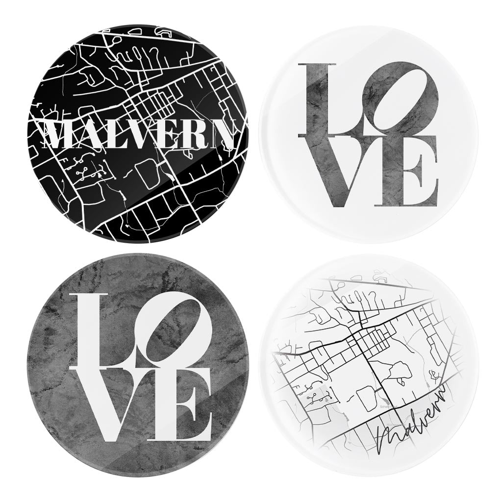 Minimalistic B&W Pennsylvania Malvern Maps Love | Hi-Def Glass Coasters | Set of 4 | Min 2