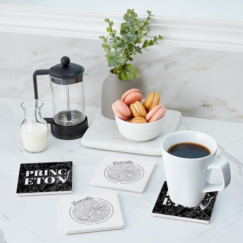 Minimalistic B&W New Jersey Princeton Maps | Absorbent Coasters | Set of 4 | Min 2