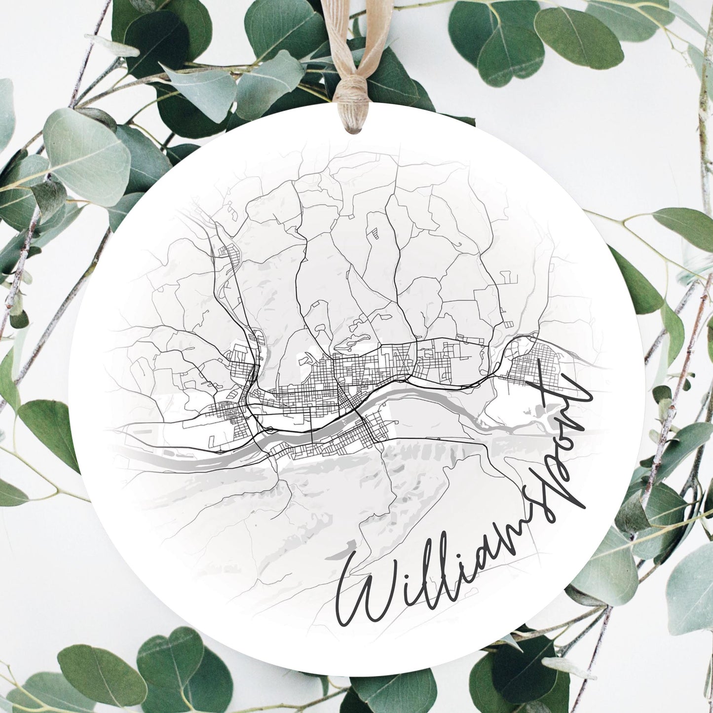 Minimalistic B&W Pennsylvania Williamsport Circle Map | Wood Ornament | Eaches | Min 1