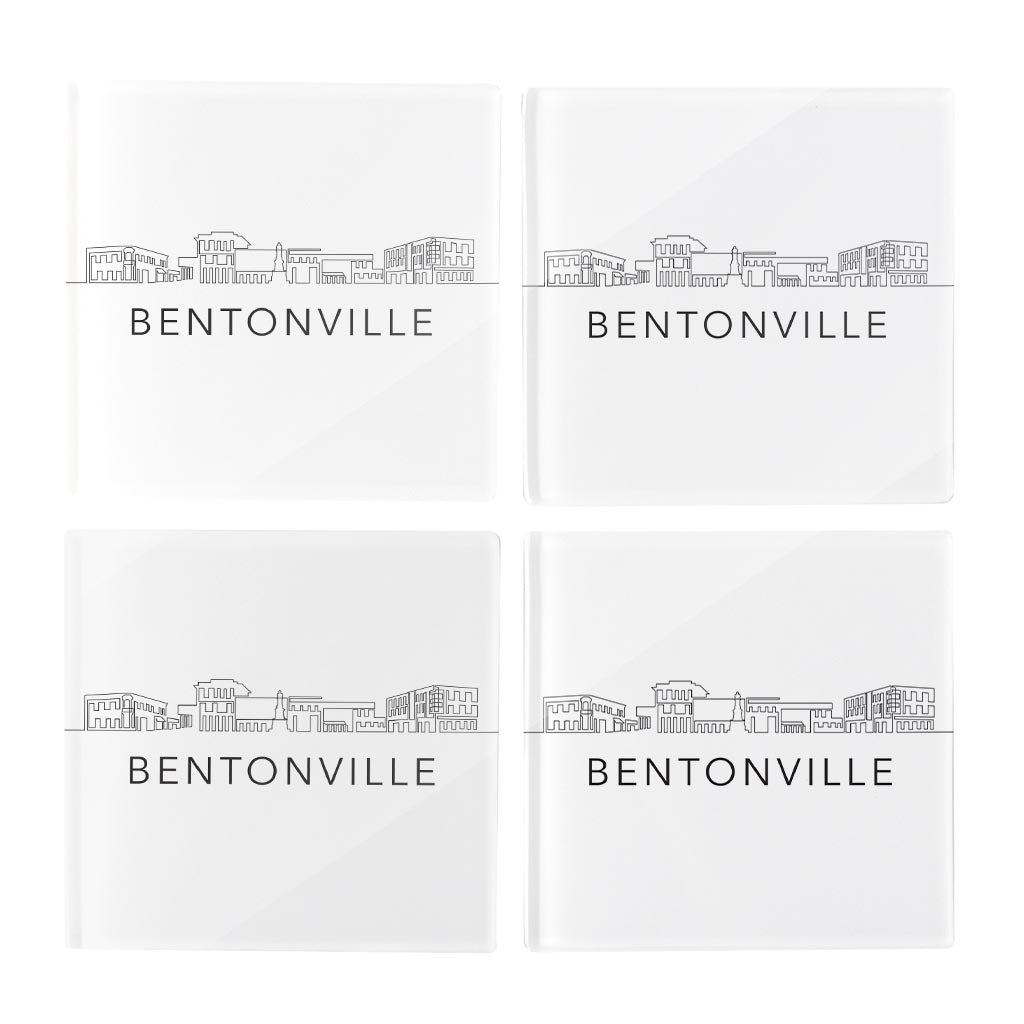 Minimalist B&W Arkansas Bentonville Skyline | Hi-Def Glass Coasters | Set of 4 | Min 2