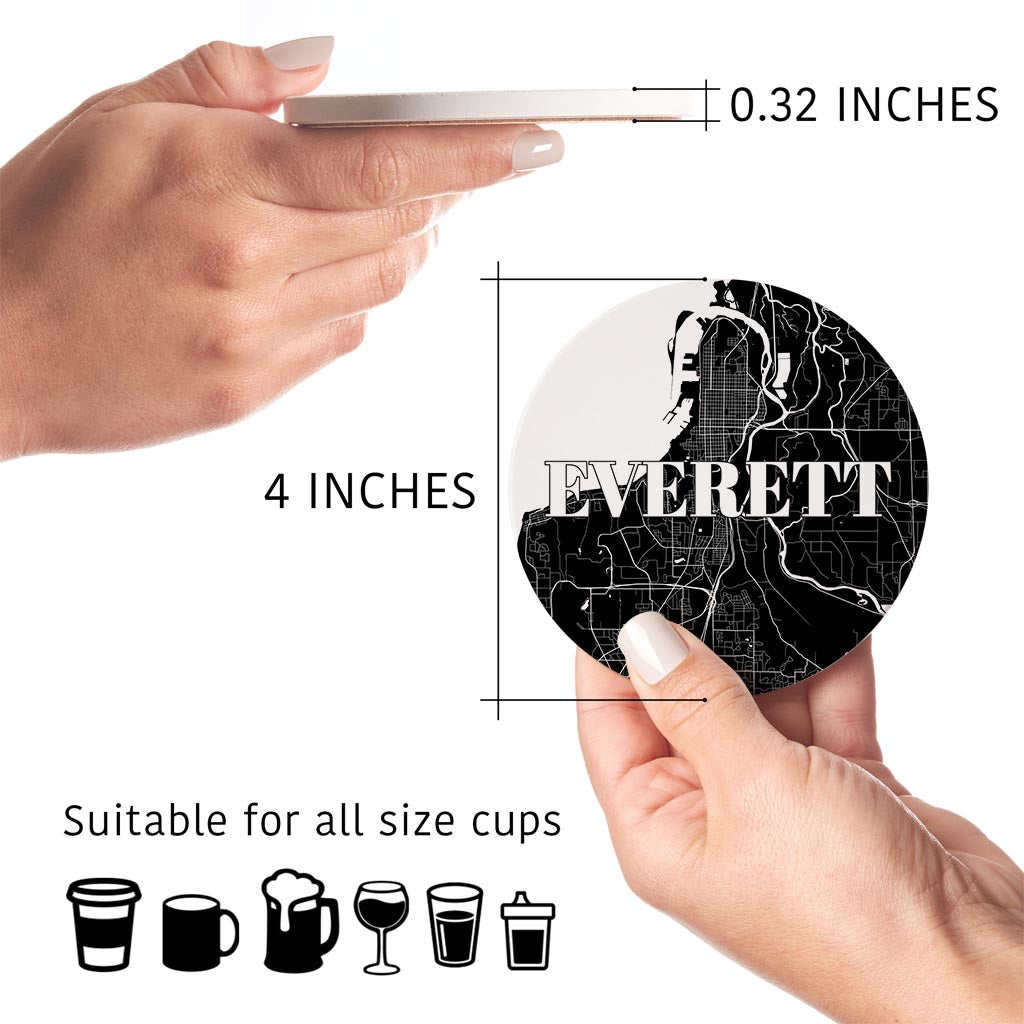 Minimalistic B&W Washington Everett Map | Absorbent Coasters | Set of 4 | Min 2