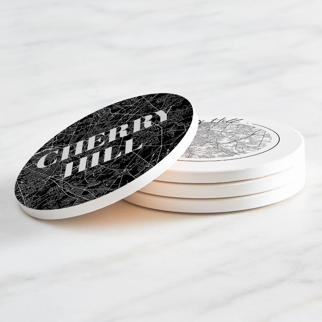 Minimalistic B&W New Jersey Cherry Hill Maps | Absorbent Coasters | Set of 4 | Min 2