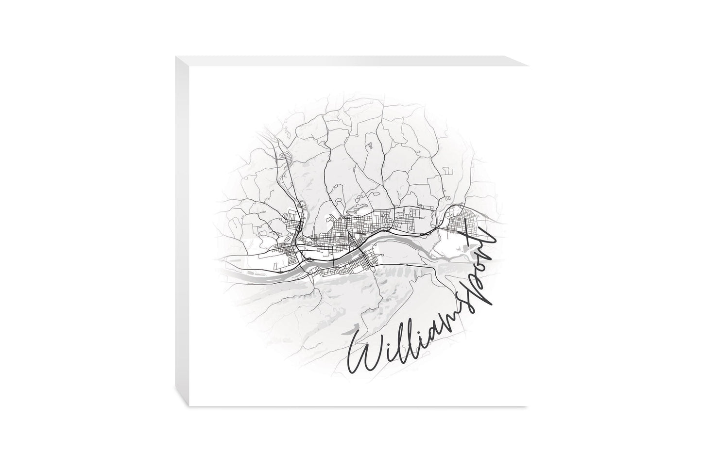 Minimalistic B&W Pennsylvania Williamsport Circle Map | Wood Block | Eaches | Min 2