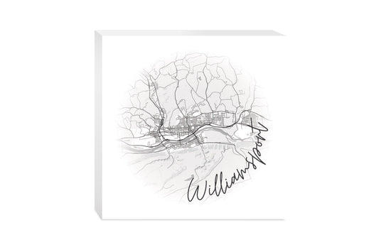 Minimalistic B&W Pennsylvania Williamsport Circle Map | Wood Block | Eaches | Min 2