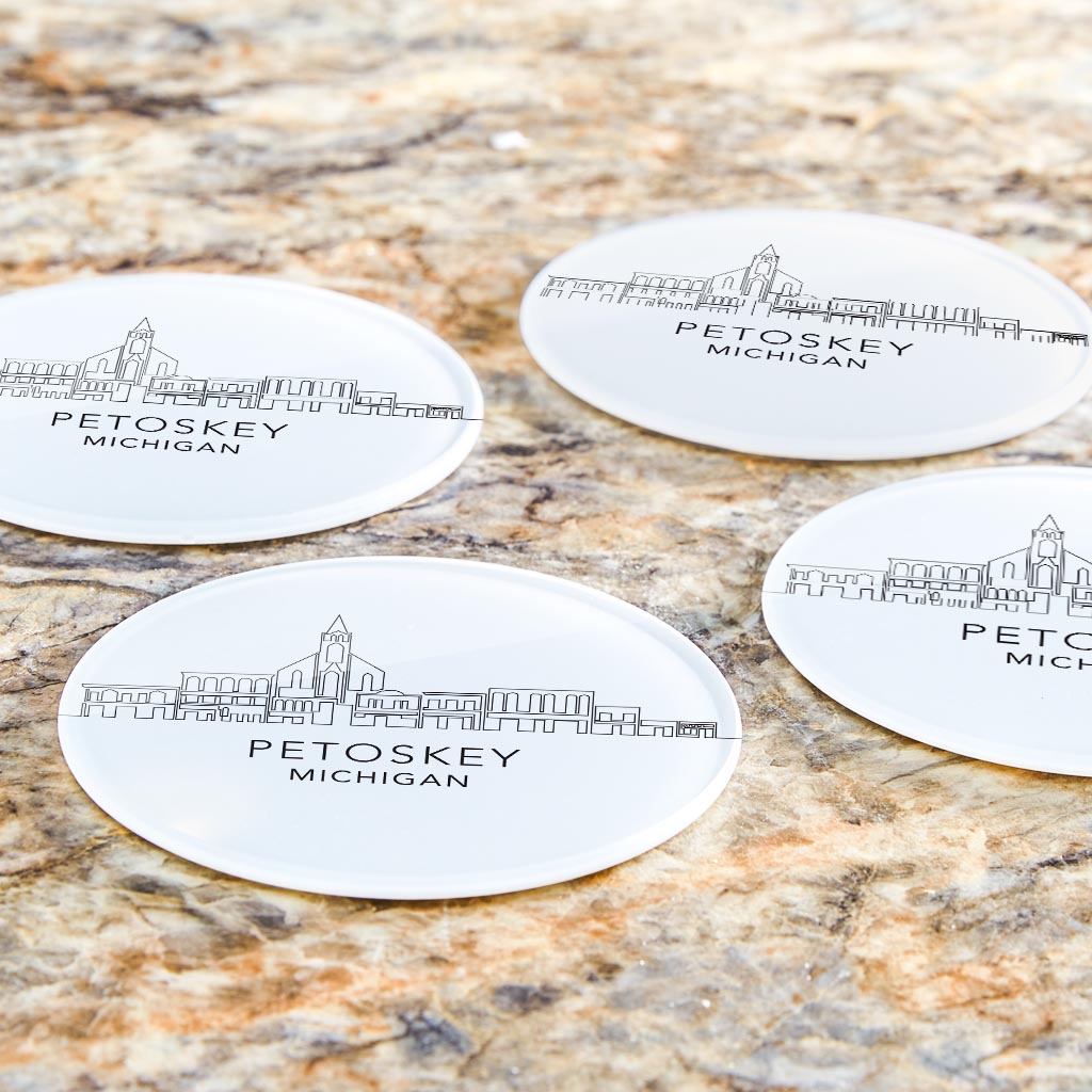Minimalistic B&W Michigan Petoskey Skyline | Hi-Def Glass Coasters | Set of 4 | Min 2